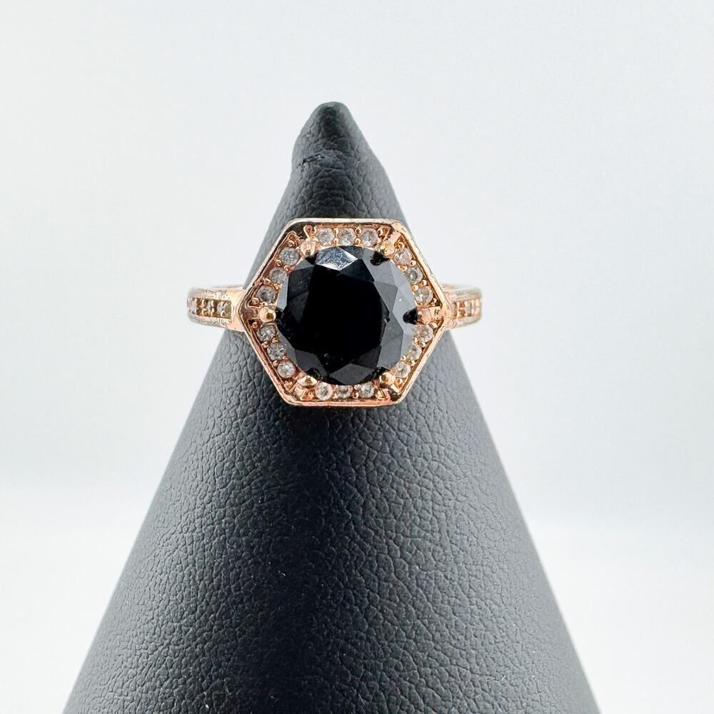 Vintage Hexagon Black Clear Rhinestone Ring Gatsby Glamour Retro Statement